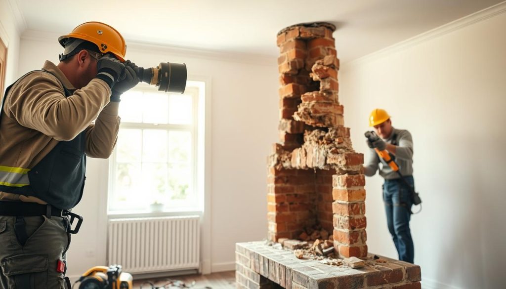 A bright, well-lit interior scene depicting the step-by-step process of chimney removal. In the foreground, a skilled worker in protective gear carefully disconnects the flue pipe from the chimney breast. In the middle ground, another worker uses a power saw to carefully dismantle the brickwork, revealing the intricate internal structure. In the background, the partially demolished chimney stands against a warm, natural light coming through a window, conveying a sense of progress and completion. The scene captures the precision, care, and expertise required to safely and efficiently remove a chimney, reflecting the technical details of the "Tijdsduur van het verwijderingsproces" section.