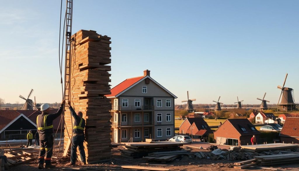 A bustling construction site in Heemskerk, where local expertise shines. In the foreground, skilled workers meticulously dismantle a towering chimney, their knowledge and precision evident in every movement. The middle ground reveals a three-story building, its walls and roof undergoing careful renovations, the result of close collaboration between the construction team and local stakeholders. In the background, a picturesque Dutch landscape unfolds, with windmills and quaint houses adding to the sense of community. Warm, golden lighting casts a soft glow, capturing the pride and dedication of the local tradespeople. The scene conveys a harmonious blend of tradition and innovation, showcasing the value of leveraging local expertise in building projects.