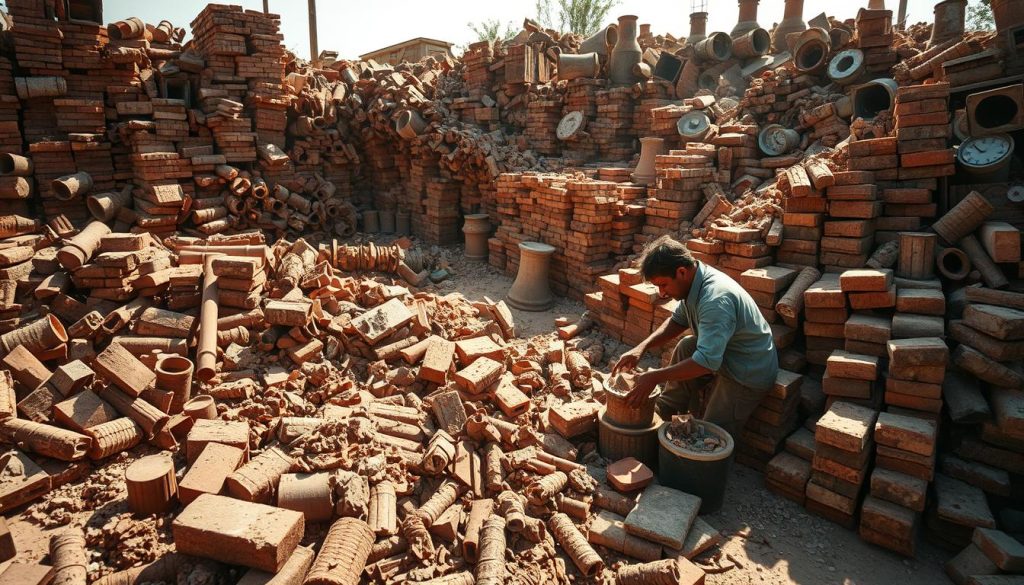A bustling recycling yard, overflowing with an array of reclaimed chimney materials - weathered bricks, rusted metal flues, and crumbling mortar fragments. Sunlight filters through the dust-moted air, casting warm shadows across the weathered piles. In the foreground, a skilled craftsperson carefully sorts through the salvaged materials, selecting the best pieces to be repurposed into new constructions. The scene conveys a sense of resourcefulness and environmental consciousness, where the old is given new life through thoughtful recycling. A wide-angle lens captures the scene, emphasizing the scale and diversity of the reclaimed materials.