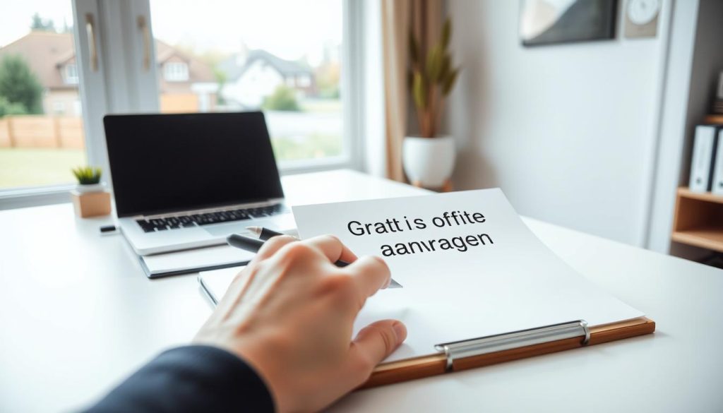 A clean, minimal desk with a laptop, pen, and notepad. In the foreground, a hand is filling out a simple form labeled "Gratis offerte aanvragen". The background shows a cozy home office setting, with a large window overlooking a serene suburban neighborhood. Soft, natural lighting filters through, creating a warm, inviting atmosphere. The composition emphasizes the simplicity and accessibility of the "free estimate request" process, conveying a sense of ease and transparency.