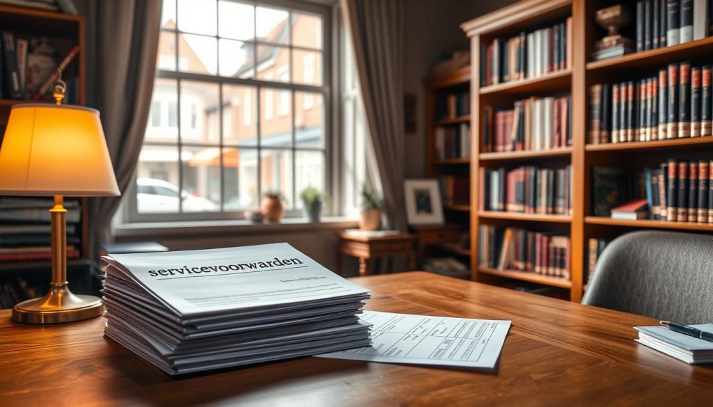 A cozy and inviting office interior with a large window overlooking a quaint European street. A wooden desk takes center stage, with a stack of papers labeled "servicevoorwaarden dakcheck" neatly organized. Soft, warm lighting emanates from a desk lamp, casting a gentle glow across the scene. In the background, bookshelves filled with volumes on home repair and maintenance line the walls, reflecting the professional and knowledgeable nature of the space. The overall mood is one of trust, reliability, and attention to detail, perfectly capturing the essence of the "Onze servicevoorwaarden in Leusden" section. A cozy and inviting office interior with a large window overlooking a quaint European street. A wooden desk takes center stage, with a stack of papers labeled "servicevoorwaarden dakcheck" neatly organized. Soft, warm lighting emanates from a desk lamp, casting a gentle glow across the scene. In the background, bookshelves filled with volumes on home repair and maintenance line the walls, reflecting the professional and knowledgeable nature of the space. The overall mood is one of trust, reliability, and attention to detail, perfectly capturing the essence of the "Onze servicevoorwaarden in Leusden" section.