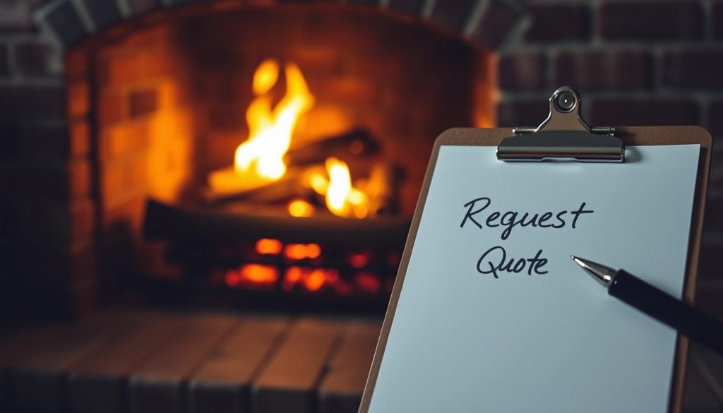 A cozy fireplace nestled in a charming brick wall, the warm glow of a crackling fire illuminating the space. In the foreground, a clipboard with the words "Request Quote" handwritten in cursive, alongside a pen poised and ready. The scene exudes a sense of comfort and invitation, beckoning the viewer to take the next step in their fireplace journey. Soft, diffused lighting casts a subtle shadow, creating depth and dimension. The overall atmosphere is one of relaxation and professionalism, inviting the viewer to imagine the possibilities of their own fireplace upgrade or replacement.