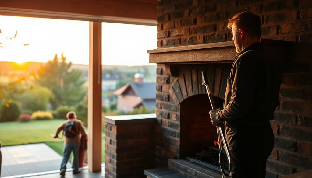 A cozy fireplace with a warm, inviting ambiance. In the foreground, a professional chimney sweep stands, holding a set of cleaning tools. The middle ground showcases the intricate, well-maintained structure of the chimney, with its brickwork and decorative moldings. The background features a tranquil outdoor scene, with a lush, verdant garden and a picturesque village in the distance, bathed in the golden glow of sunset. The overall atmosphere conveys the benefits of professional chimney removal - safety, efficiency, and a well-preserved, aesthetically pleasing home exterior.