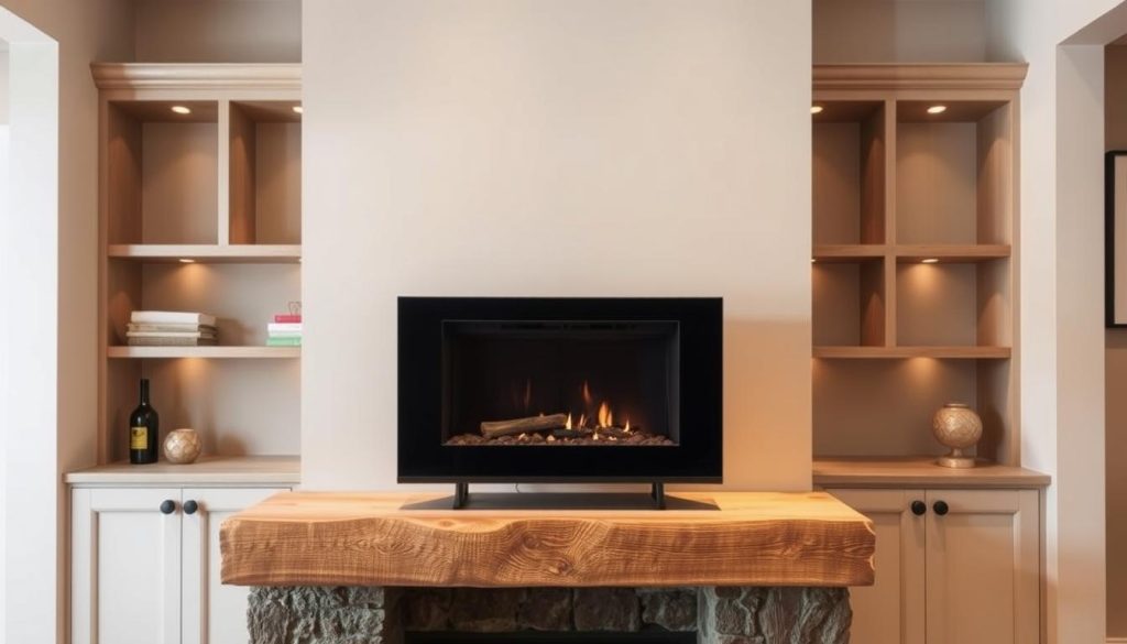 A cozy interior with a modern fireplace, showcasing alternative solutions to traditional chimney removal. In the foreground, a sleek, minimalist fireplace unit sits atop a rustic, wooden mantelpiece. Soft, warm lighting bathes the scene, creating a inviting ambiance. In the middle ground, built-in shelving units flank the fireplace, displaying decorative accents. The background features a neutral-toned wall, complementing the natural wood tones. The overall composition conveys a sense of comfort and style, highlighting the versatility of chimney-free heating solutions.