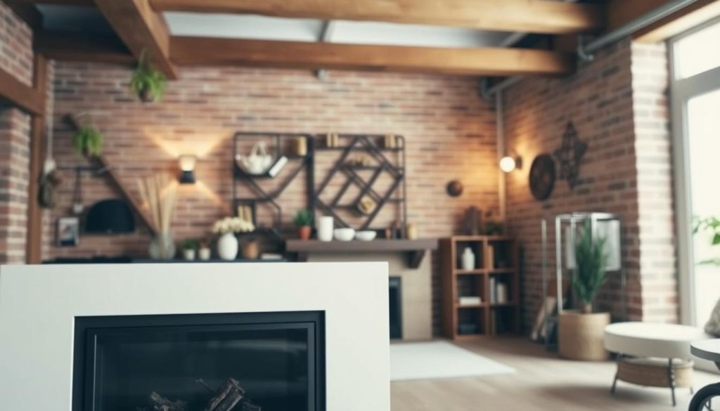 A cozy, rustic interior featuring creative chimney alternatives. In the foreground, a sleek, modern fireplace insert with a minimalist design stands as the focal point. In the middle ground, various ornamental elements such as hanging plants, wall sconces, and a geometric shelving unit add visual interest. The background showcases exposed brick walls and wooden beams, creating a warm, inviting atmosphere. The lighting is a mix of soft, diffused natural light and subtle, ambient lighting fixtures, casting a gentle glow throughout the space. The overall mood is one of understated elegance and a harmonious blend of traditional and contemporary design elements.