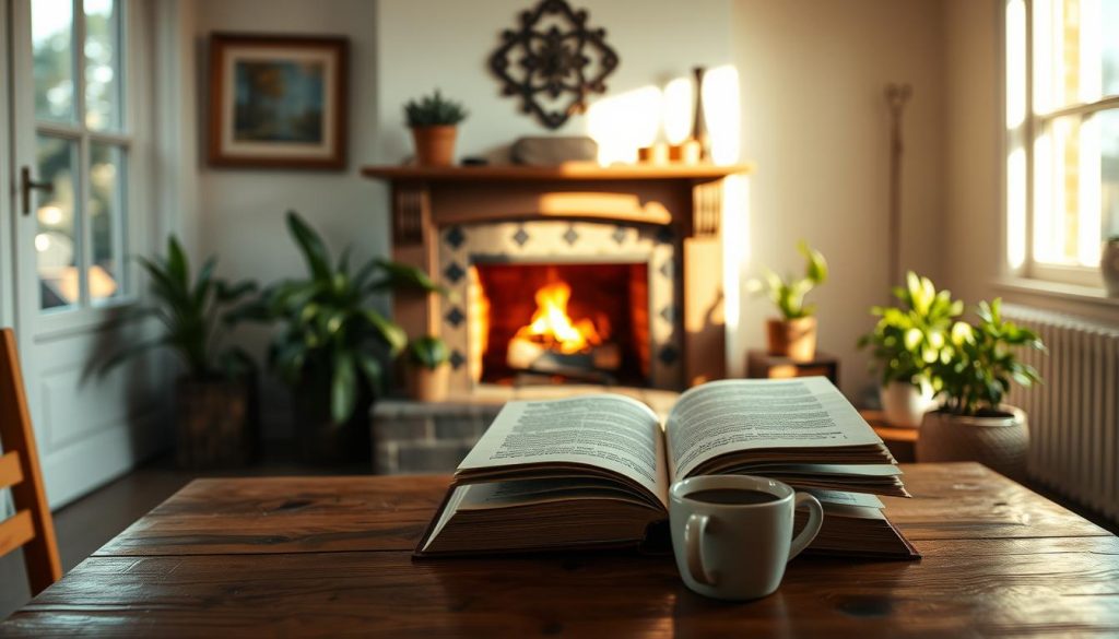 A cozy, well-lit interior with a traditional Dutch-style fireplace and chimney in the background. The fireplace is adorned with ornate tiles and a mantelpiece, casting a warm glow on the surrounding space. In the foreground, a wooden table with an open book, a cup of coffee, and a few potted plants creates a sense of domestic tranquility. The overall atmosphere is one of comfort and familiarity, inviting the viewer to imagine themselves relaxing in this serene setting and contemplating the "Veelgestelde vragen over schoorsteen verwijderen".