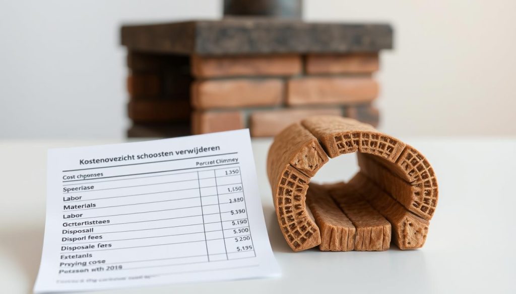 A detailed cost breakdown for removing a chimney, showcased in a well-lit, close-up view. The foreground features an itemized list of expenses, such as labor, materials, and disposal fees, presented on a clean, minimal table surface. The middle ground depicts the cross-section of a brick chimney, with intricate textures and precise measurements indicated. The background subtly fades into a soft, neutral tone, allowing the key information to take center stage. The overall composition conveys a sense of professionalism and clarity, perfectly suited to illustrate the "Kostenoverzicht schoorsteen verwijderen" section of the article.