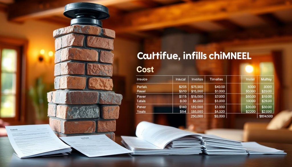 A detailed cost breakdown of a chimney removal project, showcased against a warm, natural backdrop. In the foreground, a meticulously rendered chimney structure stands, its intricate brickwork and flue cap clearly visible. The middle ground features a collection of cost-related documents, invoices, and receipts, neatly arranged to convey the financial aspects of the process. The background depicts a cozy, rustic interior, with wooden beams, soft lighting, and a sense of domestic tranquility, setting the stage for this informative visual aid. The overall composition strikes a balance between the technical details of the chimney removal and the homely setting, creating a polished and informative image.