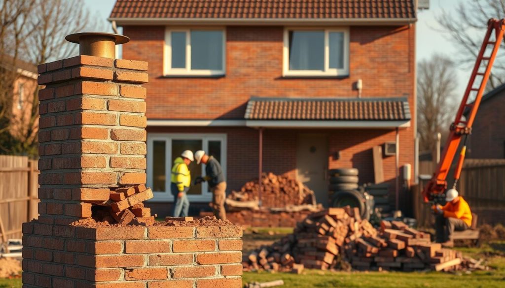 A detailed cost breakdown of the process to remove a brick chimney from a two-story Spijkenisse residence, depicted in a realistic architectural illustration. Show the chimney in the foreground, partially disassembled, with workers in safety gear using power tools. In the middle ground, display a stack of discarded bricks and mortar, along with specialized equipment like a hydraulic crane. In the background, include the home's exterior, with the roofline and windows visible to provide context. Utilize warm, natural lighting to create a sense of depth and tangibility, as if captured by a high-quality DSLR camera with a medium telephoto lens. Convey a professional, informative tone that aligns with the article's subject matter.