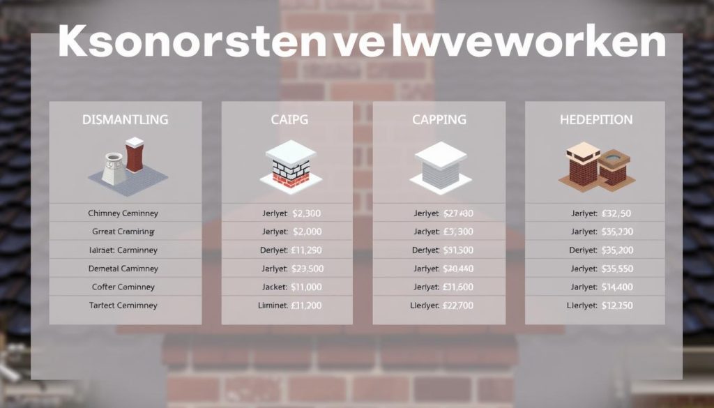 A detailed cost overview of chimney removal work, showcased in a professional, clean layout. The foreground displays various service options, such as chimney dismantling, capping, and restoration, with clear pricing information. The middle ground features 3D renderings of the different chimney types and configurations, allowing viewers to visualize the process. The background incorporates architectural elements like brick walls and roofing, creating a contextual setting for the chimney-related services. Lit by warm, diffused lighting to convey a sense of expertise and reliability. Captured with a wide-angle lens to present a comprehensive, visually striking representation of the "Kostenoverzicht schoorsteenwerken" for the article on "Schoorsteen verwijderen Amersfoort".