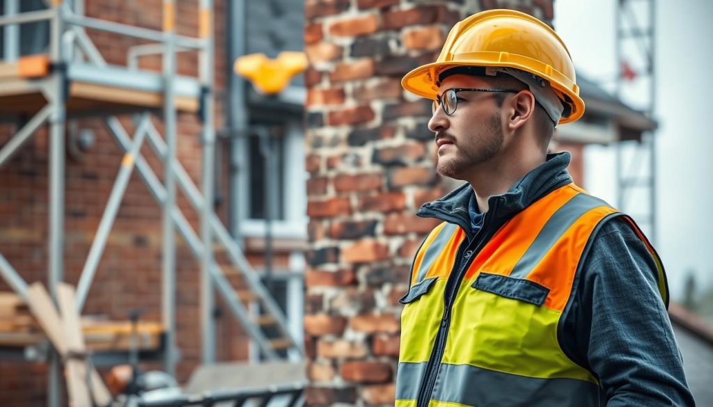 A detailed, high-resolution image of a construction worker standing in front of a brick chimney, wearing a safety vest and hard hat. The worker is carefully inspecting the chimney, examining the structure and looking for any cracks or damage. The background shows a well-organized construction site, with scaffolding, tools, and safety equipment nearby. The lighting is natural, with soft shadows and highlights that accentuate the texture of the brickwork and the worker's protective gear. The overall mood is one of diligence and caution, conveying the importance of following proper safety protocols during chimney removal operations.
