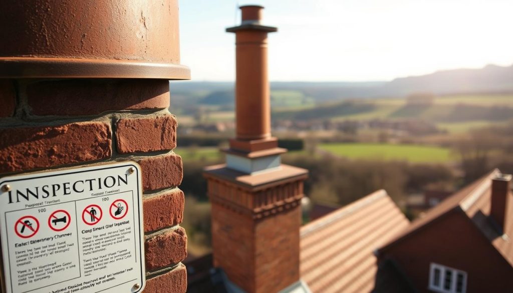 A detailed inspection of a chimney stack, showcased under warm, natural daylight. The foreground features the inspection signs - a series of symbols and markers, each conveying specific information about the chimney's condition. In the middle ground, the chimney itself stands tall, its brickwork and mortar carefully examined. The background offers a tranquil, rural setting, with rolling hills and a clear sky, suggesting this is a residential area where the decision to remove a chimney would be an important one.