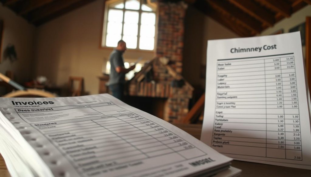 A detailed interior scene depicting the cost breakdown for removing a chimney. In the foreground, a stack of invoices and receipts provide a clear cost overview, with line items for labor, materials, and disposal fees. The middle ground shows a worker consulting a checklist, while in the background, the partially dismantled chimney structure stands as the focal point. The lighting is warm and muted, creating a sense of thoughtfulness and professionalism. The angle is slightly elevated, giving the viewer a sense of authority and insight into the process. The overall mood conveys the importance of understanding the financial implications of this home improvement project.