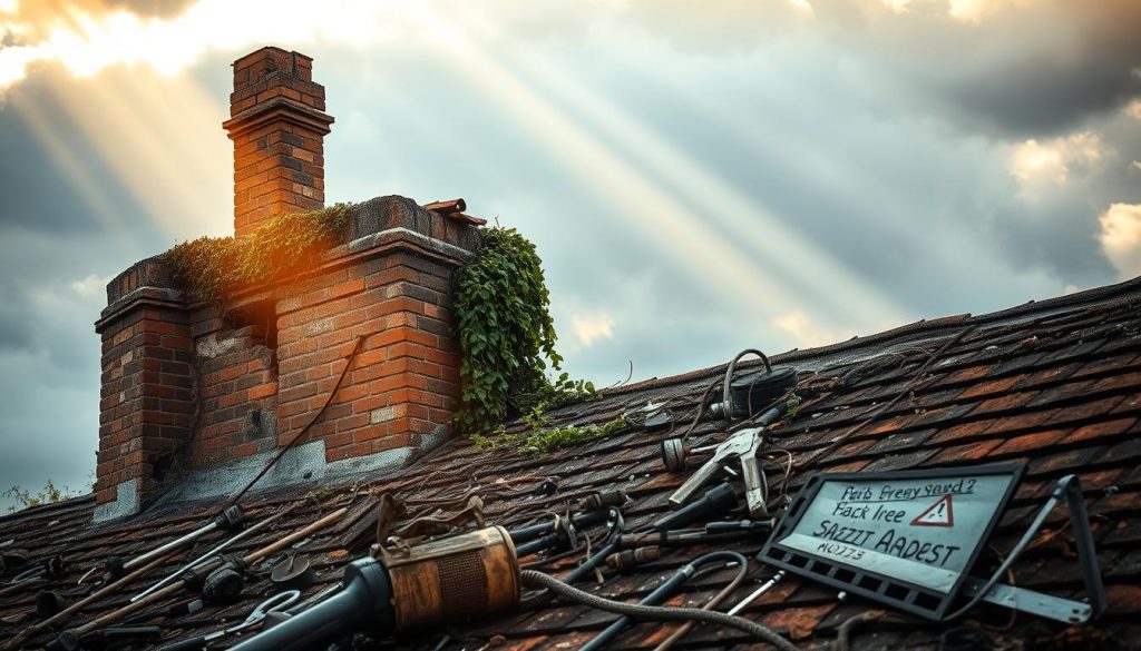 A dilapidated chimney protrudes from a crumbling rooftop, its bricks crumbling and mortar disintegrating. Thick vines and moss cling to the structure, suggesting neglect and decay. In the foreground, a collection of tools and equipment lies scattered, hinting at the challenges of chimney removal. Shafts of warm, golden light stream through gaps in the clouds, casting an eerie, moody atmosphere over the scene. The overall impression conveys the difficulties and hazards involved in the process of chimney removal, reflecting the "Veelvoorkomende problemen bij schoorsteenverwijdering" described in the article.