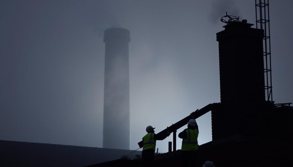 A dimly lit construction site, the focus is on a sturdy brick chimney rising against a hazy, overcast sky. In the foreground, a team of workers in reflective safety vests and hard hats carefully dismantles the structure, utilizing specialized tools and equipment to ensure a safe and controlled removal process. The scene conveys a sense of caution and professionalism, with attention paid to the potential hazards of chimney demolition. The overall mood is one of deliberate, measured progress, emphasizing the importance of prioritizing worker safety during this delicate task. Soft, directional lighting casts dramatic shadows, adding depth and texture to the industrial setting.