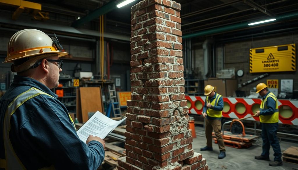 A dimly lit industrial workshop, the focus is on a team of workers carefully dismantling a large brick chimney stack. In the foreground, one worker in a hard hat and safety gear examines the structure, planning the removal process. In the middle ground, two others use specialized tools to carefully chip away at the mortar, mindful of potential hazards. The background reveals an array of safety equipment, signage, and protective barriers, emphasizing the importance of proper safety protocol. The scene conveys a sense of methodical, measured caution as the delicate task of chimney removal is undertaken with the utmost care and attention to detail. A dimly lit industrial workshop, the focus is on a team of workers carefully dismantling a large brick chimney stack. In the foreground, one worker in a hard hat and safety gear examines the structure, planning the removal process. In the middle ground, two others use specialized tools to carefully chip away at the mortar, mindful of potential hazards. The background reveals an array of safety equipment, signage, and protective barriers, emphasizing the importance of proper safety protocol. The scene conveys a sense of methodical, measured caution as the delicate task of chimney removal is undertaken with the utmost care and attention to detail.