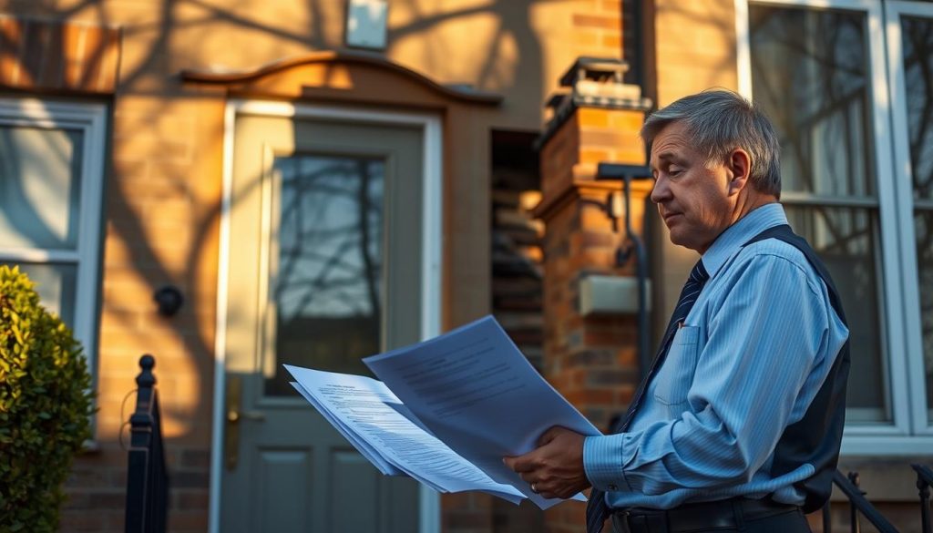 A government official standing at the entrance of a residential building, examining paperwork related to the removal of a chimney. The scene is bathed in warm, afternoon sunlight, creating long shadows and highlighting the details of the building's architecture. In the background, a partially demolished chimney stack can be seen, suggesting the ongoing process of removal. The official's expression conveys a sense of careful consideration as they review the necessary documentation for the permit to authorize the chimney's safe and legal dismantling.