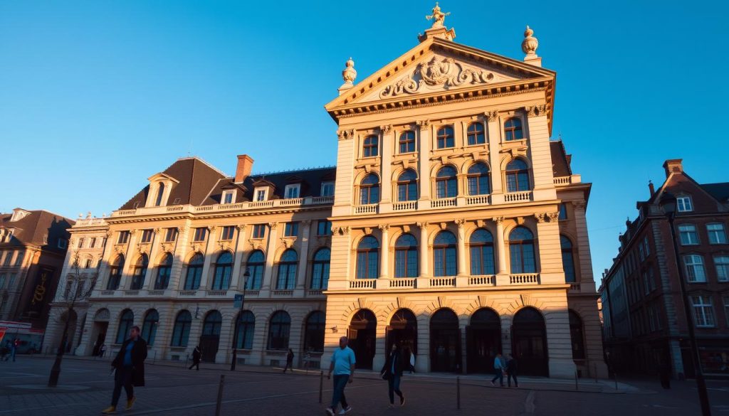 A grand town hall building in the historic center of Den Haag, Netherlands, standing tall against a clear blue sky. The facade is adorned with intricate architectural details, columns, and arched windows that exude a sense of authority and civic pride. In the foreground, a quaint cobblestone street leads towards the imposing structure, with people strolling by, going about their daily business. The lighting is soft and warm, casting gentle shadows that accentuate the building's stately presence. This image captures the essence of the permit office where residents of Den Haag would seek approval for removing a chimney from their homes.