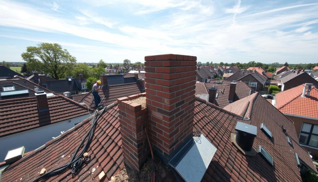 A highly detailed, wide-angle view of a residential rooftop in Dordrecht, Netherlands, showcasing the removal of a traditional brick chimney. The foreground features the partially dismantled structure, with workers using specialized tools and equipment to carefully dismantle the chimney brick by brick. The middle ground shows the surrounding rooftops and neighborhood, providing context and scale. In the background, a clear blue sky with wispy clouds creates a serene, tranquil atmosphere. The lighting is natural, with soft shadows highlighting the texture and details of the brickwork. The overall mood conveys a sense of controlled, professional execution of the chimney removal process.