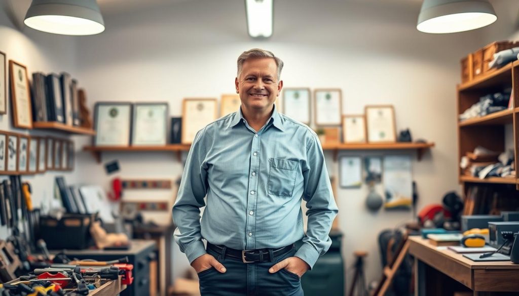 A local specialist in Breda, captured in a warm, inviting portrait. A middle-aged man with a friendly demeanor, wearing a crisp button-down shirt and slacks, standing confidently in his well-equipped workshop. The foreground features an array of tools and equipment, hinting at his expertise. The background showcases a cozy, well-organized space, with shelves displaying various certificates and accolades. Soft, diffused lighting from overhead fixtures creates a sense of professionalism and trustworthiness. The overall atmosphere conveys a local, community-oriented specialist, ready to assist with schoorsteen verwijderen (chimney removal) in Breda.