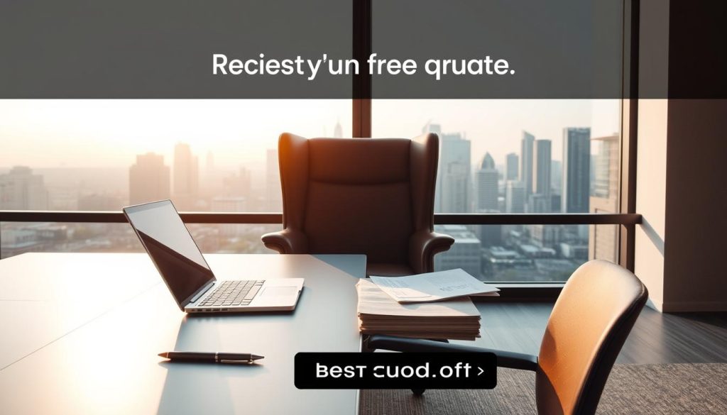 A modern and minimalist office scene with a large window overlooking a serene cityscape. In the foreground, a sleek and uncluttered desk features a laptop, a pen, and a stack of documents. The middle ground showcases a comfortable leather chair, inviting the viewer to sit and engage with the content. The background displays the city skyline, with a warm, golden glow from the setting sun filtering through the window, creating a cozy and welcoming atmosphere. The lighting is soft and natural, accentuating the clean lines and neutral tones of the space. This scene evokes a sense of professionalism, efficiency, and the opportunity to request a free quote.