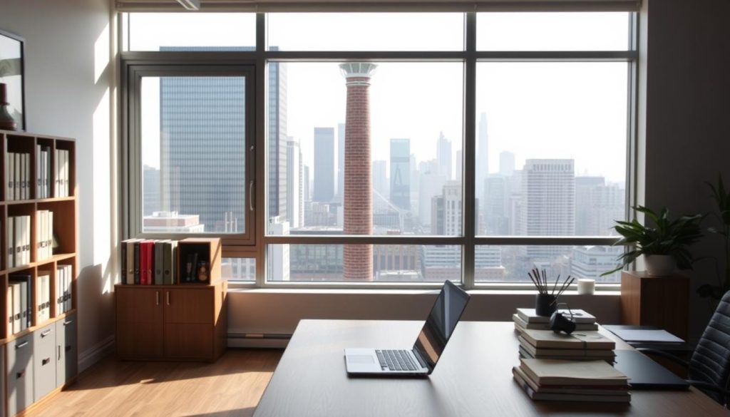 A modern office interior with a large window, natural lighting, and a minimalist style. In the foreground, a city skyline is visible through the window, with a prominent chimney stack in the middle ground. The background features a desk with a laptop, books, and other office supplies, creating a sense of professionalism and organization. The overall mood is one of a well-regulated, administrative environment focused on the legal and regulatory aspects of chimney removal. A modern office interior with a large window, natural lighting, and a minimalist style. In the foreground, a city skyline is visible through the window, with a prominent chimney stack in the middle ground. The background features a desk with a laptop, books, and other office supplies, creating a sense of professionalism and organization. The overall mood is one of a well-regulated, administrative environment focused on the legal and regulatory aspects of chimney removal.