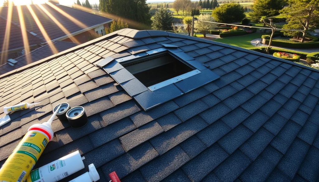 A neatly repaired rooftop, the hole from a recently removed chimney sealed with precision. Sunlight filters through high-quality roofing tiles, casting a warm, natural glow. In the foreground, an array of specialized tools and materials used for the restoration process – sealants, fasteners, and expertly blended shingles. The middle ground showcases the seamless integration of the new patch, its texture and color harmonizing perfectly with the existing roof. In the background, a tranquil suburban landscape, with well-manicured gardens and distant trees swaying gently in the breeze, conveying a sense of domestic calm and satisfaction after a successful home improvement project.