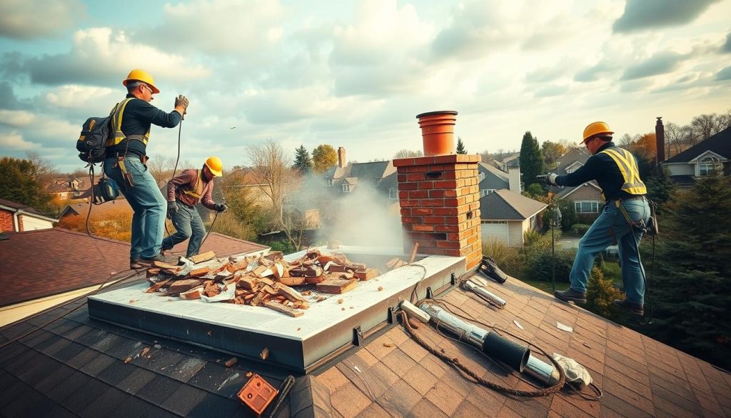 A professional chimney removal crew working diligently on a residential rooftop, delicately dismantling a large brick chimney stack. In the foreground, workers in hard hats and safety gear carefully disassemble the structure, utilizing specialized tools and equipment. The middle ground showcases the intricate process, with falling debris and dust clouds adding a sense of dynamic action. In the background, a well-maintained suburban neighborhood provides a serene, tranquil setting, contrasting the hands-on, industrial nature of the task at hand. Warm, diffused lighting filters through clouds, creating a soft, professional atmosphere as the team expertly navigates the delicate removal operation.