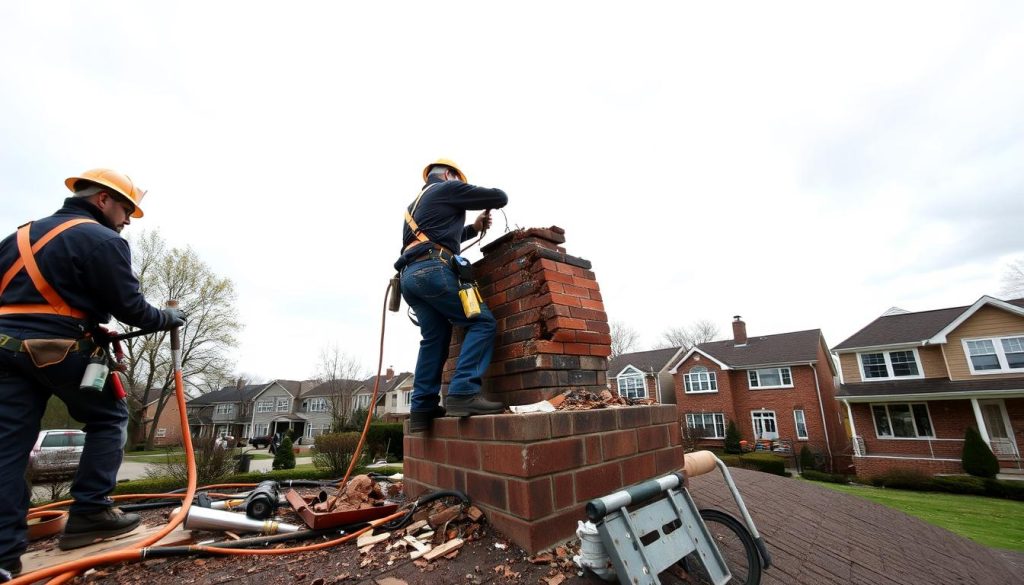 A professional chimney removal service in action, captured with a wide-angle lens against a bright, overcast sky. In the foreground, a team of specialized workers carefully dismantle a brick chimney, using precision tools and safety harnesses. The middle ground showcases the intricate process, with debris and equipment scattered around the worksite. In the background, a well-manicured suburban neighborhood provides a serene contrast to the industrial task at hand. The scene conveys a sense of expertise, efficiency, and meticulous attention to detail, reflecting the high-quality workmanship expected from professional chimney removal services. A professional chimney removal service in action, captured with a wide-angle lens against a bright, overcast sky. In the foreground, a team of specialized workers carefully dismantle a brick chimney, using precision tools and safety harnesses. The middle ground showcases the intricate process, with debris and equipment scattered around the worksite. In the background, a well-manicured suburban neighborhood provides a serene contrast to the industrial task at hand. The scene conveys a sense of expertise, efficiency, and meticulous attention to detail, reflecting the high-quality workmanship expected from professional chimney removal services.