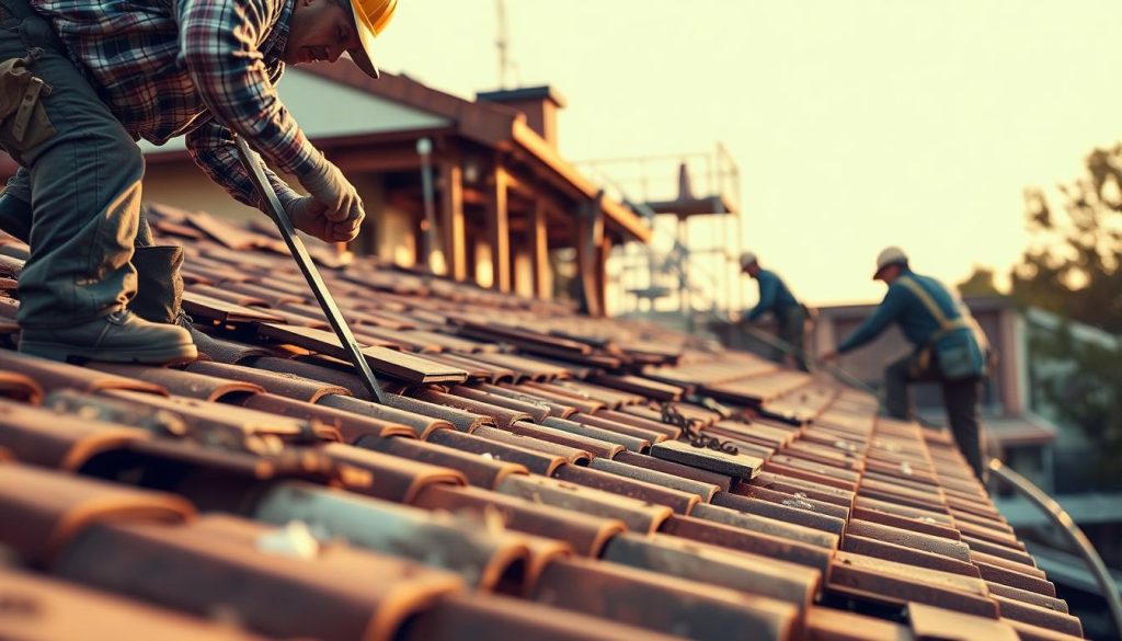 A professional crew carefully dismantling a roof, meticulously removing each tile and shingle. The foreground shows their skilled hands and specialized tools, working with precision and care. The middle ground captures the methodical process, with scaffolding and safety equipment in place. In the background, the building's structure is visible, a blend of traditional architecture and modern techniques. Soft, natural lighting casts a warm, contemplative atmosphere, emphasizing the expertise and diligence of the workers. The scene conveys the professionalism and attention to detail required for a successful roof removal project.