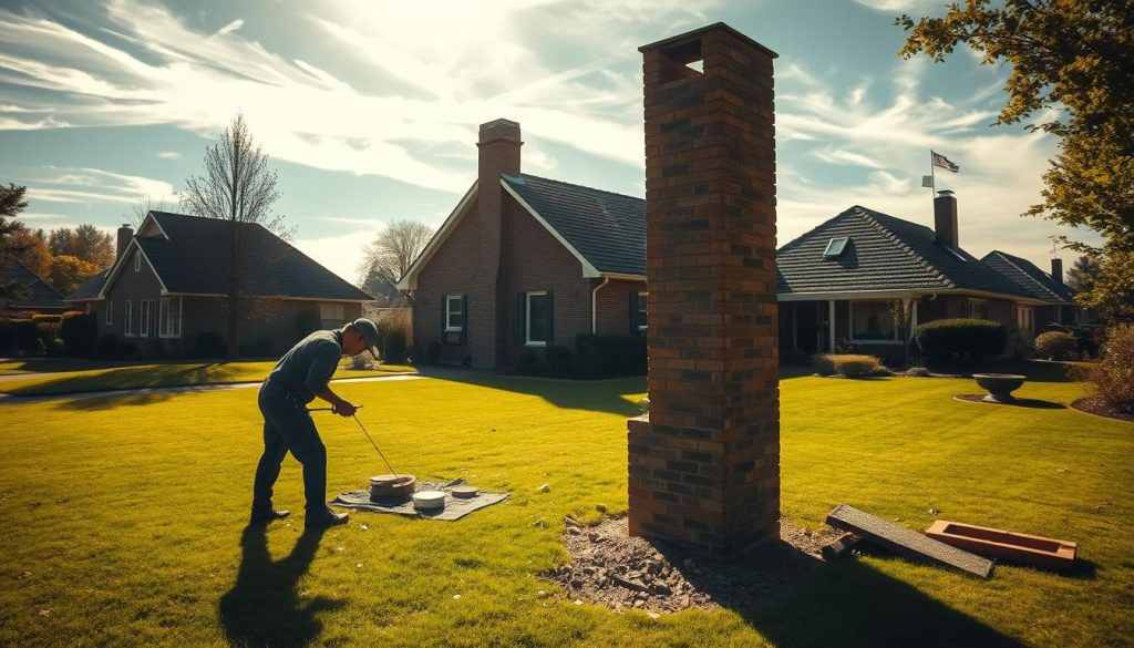 A residential house with a prominent chimney stack, standing in a quiet, suburban neighborhood. The chimney, made of brick and mortar, dominates the scene, casting a long shadow across the well-manicured lawn. Sunlight filters through wispy clouds, creating a warm, golden hue that bathes the scene. In the foreground, a skilled mason is carefully dismantling the chimney, piece by piece, with precision tools and careful movements. The background features other homes, their own chimneys still intact, suggesting the rarity and significance of this particular task. The overall mood is one of thoughtful, meticulous work, capturing the essence of "Veelgestelde zorgen over schoorsteenverwijdering".