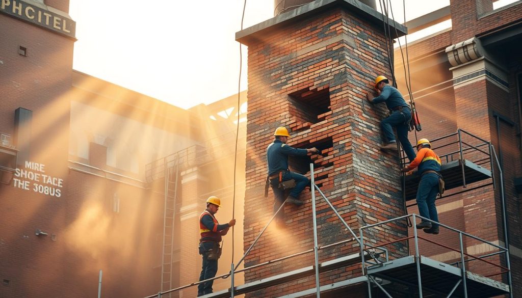 A rugged industrial setting, the sturdy brick facade of an old factory looming in the background. In the foreground, a team of skilled workers carefully dismantling a towering brick chimney, employing a variety of specialized tools and techniques. Scaffolding surrounds the structure, providing a secure vantage point for the delicate operation. Beams of warm, golden light filter through the dusty air, casting dramatic shadows across the scene. The workers, clad in protective gear, move with precision and care, their focused expressions conveying the meticulous nature of the task at hand. This image captures the intricate process of chimney deconstruction, a skilled and methodical undertaking in the heart of an urban landscape. A rugged industrial setting, the sturdy brick facade of an old factory looming in the background. In the foreground, a team of skilled workers carefully dismantling a towering brick chimney, employing a variety of specialized tools and techniques. Scaffolding surrounds the structure, providing a secure vantage point for the delicate operation. Beams of warm, golden light filter through the dusty air, casting dramatic shadows across the scene. The workers, clad in protective gear, move with precision and care, their focused expressions conveying the meticulous nature of the task at hand. This image captures the intricate process of chimney deconstruction, a skilled and methodical undertaking in the heart of an urban landscape.