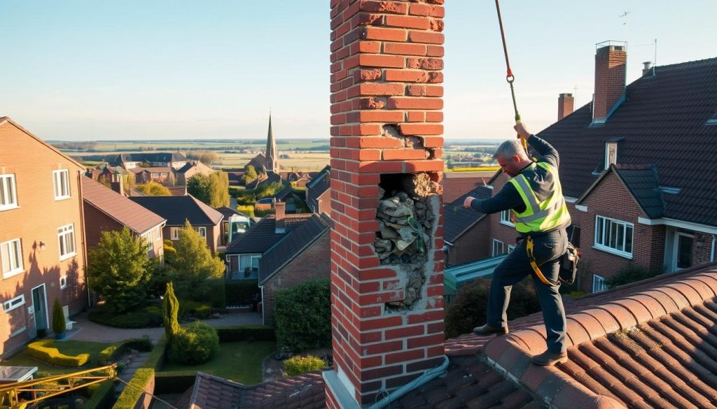 A serene, well-lit scene of local chimney removal services in Ede, Netherlands. In the foreground, skilled technicians carefully dismantle an old, worn-out chimney stack, using specialized tools and safety equipment. The middle ground features the residential neighborhood of Ede, with charming brick houses and neatly manicured gardens. In the distance, the picturesque Dutch countryside unfolds, with rolling hills and a glimpse of a quaint village church steeple. The overall mood is one of professionalism, efficiency, and a commitment to maintaining the local architectural heritage. The image is captured with a wide-angle lens, conveying a sense of depth and tranquility.