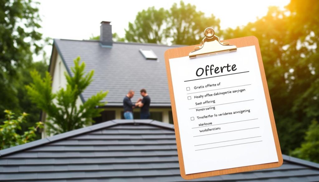 A sleek, modern home with a well-maintained roof sits against a backdrop of lush green trees. The foreground features a clipboard with an "Offerte" form, symbolizing the "Gratis offerte of dakinspectie aanvragen" service. The clipboard is highlighted with warm, natural lighting, drawing the viewer's attention. In the middle ground, a team of professional inspectors examines the roof, assessing its condition. The scene conveys a sense of trust, expertise, and the importance of proper maintenance for a safe and secure home. The overall atmosphere is one of reassurance and care, reflecting the subject of "Schoorsteen verwijderen Apeldoorn."