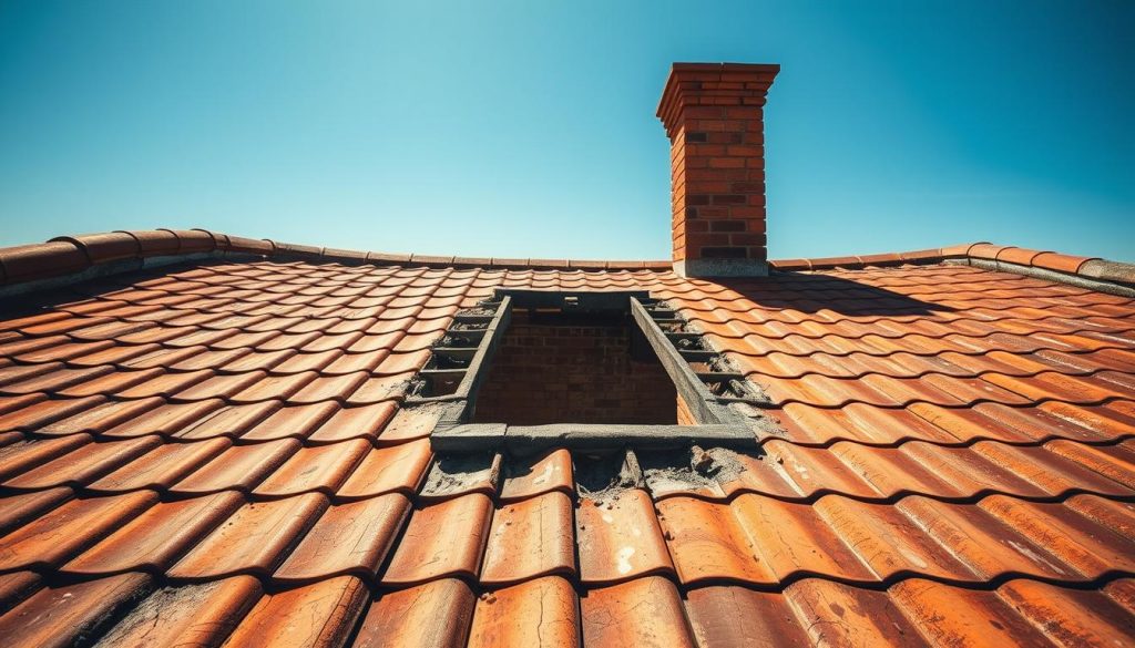 A sun-drenched rooftop scene, showcasing the aftermath of chimney removal. In the foreground, the exposed roof surface, textured with weathered tiles and structural details, stands prominently. The middle ground depicts the chimney stack's void, a gaping hole where once stood a towering structure. Surrounding this central focus, the roofline extends, undulating with the natural curves of the architecture. In the distance, a clear blue sky provides a serene backdrop, accentuating the sense of openness and transformation. The lighting is warm and diffused, casting subtle shadows that add depth and dimension to the composition. The overall mood conveys a sense of transition, as the building adapts to its new, chimney-free state.