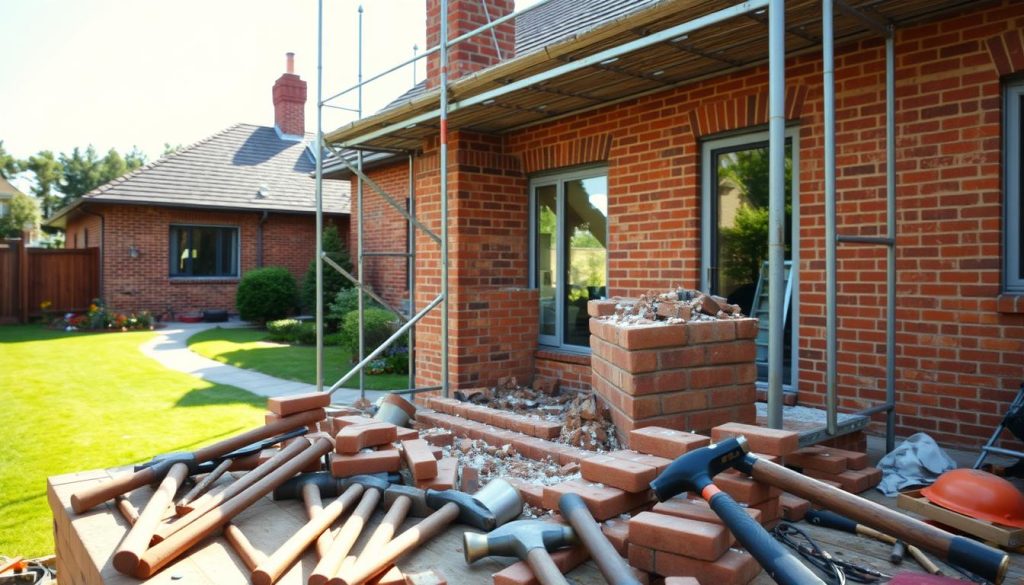 A sunny exterior view of a traditional brick house, with a brick chimney stack prominently featured. The chimney is surrounded by scaffolding, indicating ongoing renovation or removal work. In the foreground, various tools and equipment used for chimney dismantling are neatly organized, such as crowbars, hammers, and protective gear. The middle ground showcases the partially demolished chimney, with bricks and mortar scattered around. The background depicts a well-manicured lawn and a few trees, creating a natural and serene setting. The lighting is soft and diffused, casting gentle shadows and highlighting the textures of the brick and construction materials. The overall scene conveys a sense of progress and the careful, precise steps involved in the cost-effective removal of a residential chimney. A sunny exterior view of a traditional brick house, with a brick chimney stack prominently featured. The chimney is surrounded by scaffolding, indicating ongoing renovation or removal work. In the foreground, various tools and equipment used for chimney dismantling are neatly organized, such as crowbars, hammers, and protective gear. The middle ground showcases the partially demolished chimney, with bricks and mortar scattered around. The background depicts a well-manicured lawn and a few trees, creating a natural and serene setting. The lighting is soft and diffused, casting gentle shadows and highlighting the textures of the brick and construction materials. The overall scene conveys a sense of progress and the careful, precise steps involved in the cost-effective removal of a residential chimney.