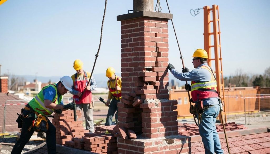 A team of professional chimney removal experts meticulously dismantling a brick chimney stack, using specialized tools and safety equipment. The foreground shows workers carefully deconstructing the structure, while the middle ground captures the careful handling of bricks and debris. The background features a well-organized worksite, with safety signage and protective barriers in place. The scene is illuminated by natural daylight, creating a sense of precision and attention to detail. The overall mood conveys a professional, organized, and safety-conscious approach to the chimney removal process.