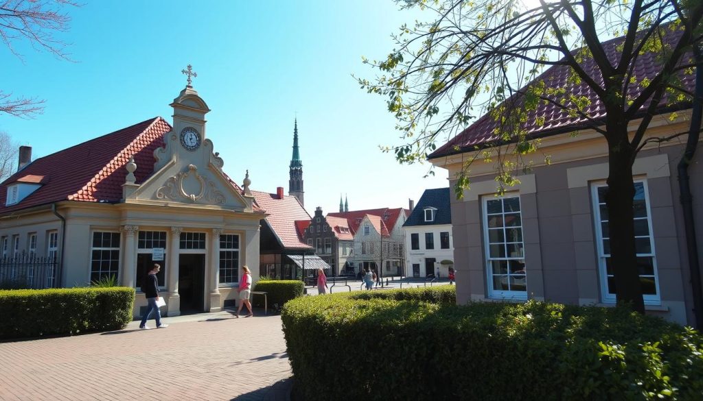 A tranquil, sun-lit scene of the historic town of Voorburg, with a focus on the administrative building housing the local permitting office. The foreground depicts a well-maintained facade with ornate architectural elements, surrounded by neatly trimmed hedges and a paved entryway. In the middle ground, citizens can be seen entering and exiting the building, carrying documents related to their home improvement projects. The background features the charming, red-tiled rooftops and spires of Voorburg's historic district, set against a clear, azure sky. The overall atmosphere conveys a sense of civic order, efficiency, and the community's commitment to preserving its architectural heritage while adapting to modern needs.