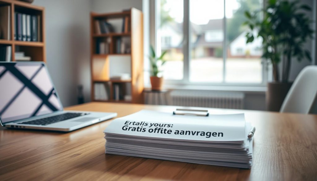 A warm, inviting office setting with a wooden desk, a laptop, and a clipboard with a pen nearby. In the foreground, a stack of papers labeled "Gratis offerte aanvragen" sits prominently. The middle ground features a bookshelf and a potted plant, while the background showcases a large window overlooking a tranquil neighborhood. The lighting is soft and natural, creating a comfortable and professional atmosphere. The overall composition conveys a sense of efficiency and accessibility, inviting the viewer to request a free estimate.