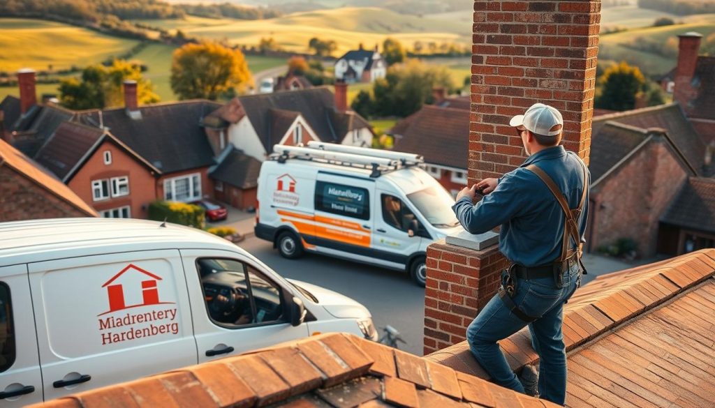 A well-equipped Hardenberg-based chimney repair crew working diligently on site. In the foreground, two skilled technicians inspect a brick chimney, taking careful measurements. The middle ground features their service van, its logo proudly displayed, surrounded by the quaint local architecture. The background captures the serene, pastoral setting of Hardenberg, with rolling hills and lush greenery. The scene is bathed in warm, golden light, conveying a sense of professionalism and local expertise. The overall atmosphere suggests a reliable, community-oriented chimney service provider dedicated to its craft. A well-equipped Hardenberg-based chimney repair crew working diligently on site. In the foreground, two skilled technicians inspect a brick chimney, taking careful measurements. The middle ground features their service van, its logo proudly displayed, surrounded by the quaint local architecture. The background captures the serene, pastoral setting of Hardenberg, with rolling hills and lush greenery. The scene is bathed in warm, golden light, conveying a sense of professionalism and local expertise. The overall atmosphere suggests a reliable, community-oriented chimney service provider dedicated to its craft.