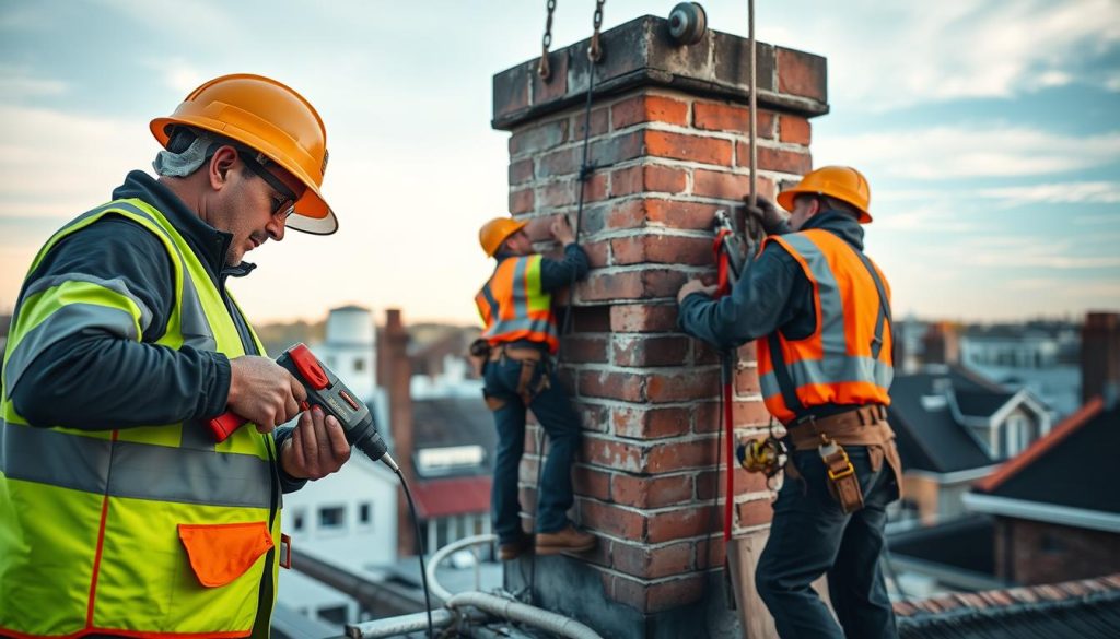 A well-lit construction site with workers in high-visibility safety gear performing maintenance on a brick chimney. The foreground shows a worker wielding a power tool, meticulously inspecting the structure. In the middle ground, another worker secures a safety harness, ensuring proper fall protection. The background depicts the surrounding buildings and a clear sky, conveying a sense of controlled, professional operations. The lighting is soft and diffused, highlighting the attention to safety protocols. The overall mood is one of diligence, responsibility, and a commitment to workplace safety during schoorstein removal tasks.