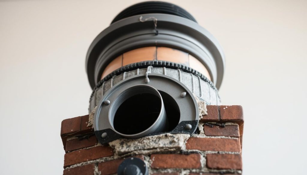 A well-lit, detailed close-up shot of a masonry chimney flue being sealed or "capped" with a metal or concrete cover. The foreground shows the flue opening and surrounding brickwork, with the cover being carefully fitted and secured in place. The middle ground includes the upper portion of the chimney structure, potentially with decorative elements like a tapered or corbeled top course. The background softly blurs into a minimalist, neutral interior or exterior setting, emphasizing the technical focus of the image. The overall mood is one of precision, safety, and the careful sealing of a former functional element of the building. The lighting is natural, soft, and slightly raking to accentuate the textural qualities of the materials.