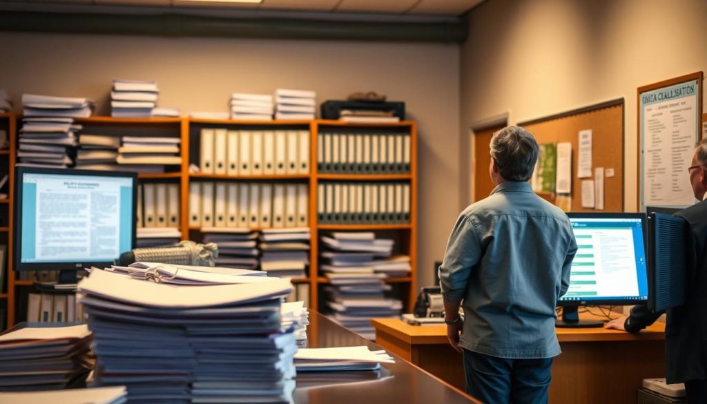 A well-lit, detailed scene depicting the process of obtaining permits for chimney removal. In the foreground, a person standing at a government office counter, discussing paperwork with an official. The middle ground shows stacks of documents and a computer screen displaying application forms. In the background, shelves filled with binders and a bulletin board with posted regulations. The lighting is warm and inviting, conveying a sense of professionalism and diligence in navigating the bureaucratic steps required to legally remove a chimney. The overall atmosphere is one of orderly administrative procedure, with an emphasis on the necessary documentation and approval process.