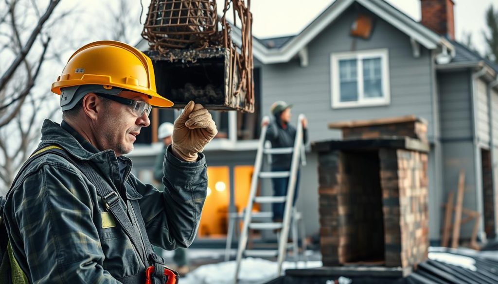 A well-lit, detailed scene depicting the safety aspects of chimney removal work. In the foreground, a construction worker in full protective gear - hard hat, goggles, gloves, and safety harness - carefully inspecting the interior of a chimney. In the middle ground, another worker secures a ladder leading up to the chimney opening. The background features a partially dismantled residential home, with scaffolding and safety barriers in place. The scene conveys a sense of diligence, caution, and a commitment to workplace safety during this delicate operation. Soft, diffused lighting creates an atmosphere of professionalism and responsible practice.
