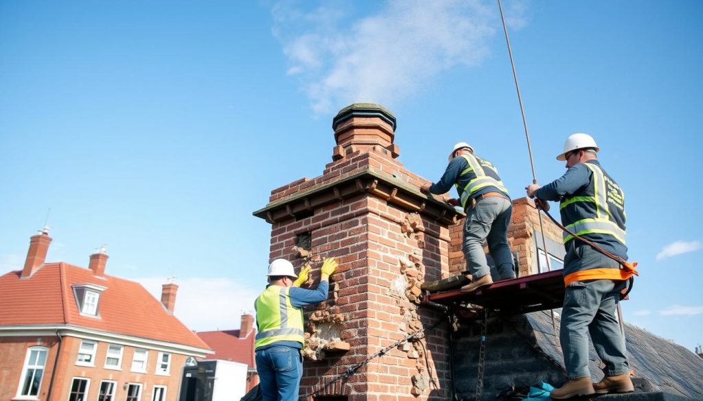 A well-lit, high-quality photograph of the process of removing a chimney stack from a residential building in Amsterdam. The foreground shows a team of experienced workers carefully dismantling the brickwork, piece by piece, using specialized tools. The middle ground captures the detailed steps involved, such as safely securing the structure and preparing the site for disposal. The background offers a glimpse of the surrounding neighborhood, with other historic buildings and a clear, blue sky. The overall scene conveys a sense of skilled craftsmanship, safety, and efficiency in the cost-effective removal of a chimney stack.
