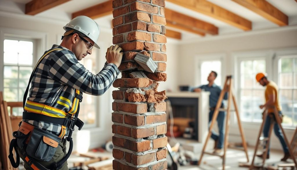 A well-lit indoor scene depicting the safe removal of a chimney. In the foreground, a construction worker in a safety harness carefully dismantling the chimney brick by brick, utilizing proper safety equipment such as a hard hat, goggles, and gloves. In the middle ground, additional workers provide support and ensure the work area is clear and secure. The background features the interior of a residential home, with natural light filtering in through windows, creating a sense of order and control. The overall atmosphere conveys a focus on workplace safety and professionalism during the delicate task of chimney removal. A well-lit indoor scene depicting the safe removal of a chimney. In the foreground, a construction worker in a safety harness carefully dismantling the chimney brick by brick, utilizing proper safety equipment such as a hard hat, goggles, and gloves. In the middle ground, additional workers provide support and ensure the work area is clear and secure. The background features the interior of a residential home, with natural light filtering in through windows, creating a sense of order and control. The overall atmosphere conveys a focus on workplace safety and professionalism during the delicate task of chimney removal.