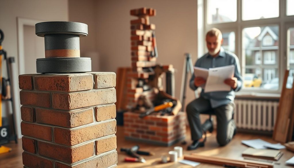 A well-lit interior scene depicting the costs associated with removing a chimney in Waddinxveen. In the foreground, a detailed rendering of a chimney stack, its bricks and mortar meticulously rendered. Behind it, a homeowner reviewing cost estimates on a clipboard, surrounded by tools and construction materials. The middle ground features a partially dismantled chimney, exposing the complex structural elements. In the background, a view through a window shows the quaint streets of Waddinxveen. The lighting is warm and natural, conveying a sense of professionalism and attention to detail in the chimney removal process. The overall mood is one of informed decision-making and careful planning for this household project. A well-lit interior scene depicting the costs associated with removing a chimney in Waddinxveen. In the foreground, a detailed rendering of a chimney stack, its bricks and mortar meticulously rendered. Behind it, a homeowner reviewing cost estimates on a clipboard, surrounded by tools and construction materials. The middle ground features a partially dismantled chimney, exposing the complex structural elements. In the background, a view through a window shows the quaint streets of Waddinxveen. The lighting is warm and natural, conveying a sense of professionalism and attention to detail in the chimney removal process. The overall mood is one of informed decision-making and careful planning for this household project.