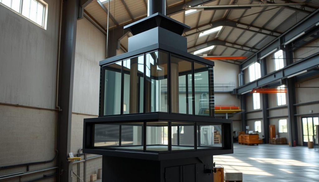 A well-lit interior shot of a modern industrial space, focusing on the central feature - an alternative chimney or smokehouse structure. The foreground showcases the sleek, minimalist design of this innovative chimney solution, with clean lines and a mix of metal and glass materials. The mid-ground reveals the structure's integration into the surrounding architecture, with natural light streaming in through large windows. In the background, a hint of the original building or structure it replaces can be seen, suggesting a harmonious blend of old and new. The overall atmosphere is one of thoughtful, sustainable design that prioritizes function and aesthetics in equal measure.