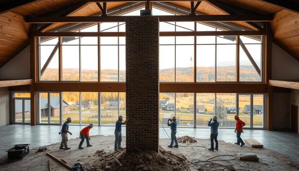 A well-lit, large open-plan interior with high ceilings and exposed wooden beams. In the foreground, a team of construction workers carefully dismantling and removing an old brick chimney, dust and debris scattered around them. Through the large windows, the middle ground reveals a cozy residential neighborhood with neatly trimmed yards and quaint houses. The background shows a scenic countryside landscape, rolling hills and a distant forest bathed in warm, golden afternoon light. The overall atmosphere is one of productive, organized progress, as the old is carefully replaced by the new. A well-lit, large open-plan interior with high ceilings and exposed wooden beams. In the foreground, a team of construction workers carefully dismantling and removing an old brick chimney, dust and debris scattered around them. Through the large windows, the middle ground reveals a cozy residential neighborhood with neatly trimmed yards and quaint houses. The background shows a scenic countryside landscape, rolling hills and a distant forest bathed in warm, golden afternoon light. The overall atmosphere is one of productive, organized progress, as the old is carefully replaced by the new.