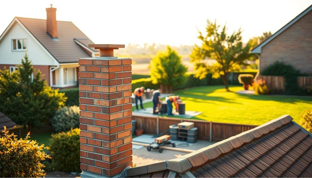 A well-lit, photorealistic image of a residential house in a suburban setting, with a focus on the exterior. In the foreground, a clearly visible chimney stack stands proudly, its brickwork neatly maintained. The middle ground features a group of workers diligently dismantling the chimney, using specialized tools and equipment. In the background, a lush green lawn and a few trees create a peaceful, natural backdrop. The lighting is warm and soft, conveying a sense of tranquility and professionalism as the chimney removal process unfolds. The overall composition emphasizes the scale and complexity of the task, while highlighting the care and attention to detail involved in the "Kosten schoorsteen verwijderen" service. A well-lit, photorealistic image of a residential house in a suburban setting, with a focus on the exterior. In the foreground, a clearly visible chimney stack stands proudly, its brickwork neatly maintained. The middle ground features a group of workers diligently dismantling the chimney, using specialized tools and equipment. In the background, a lush green lawn and a few trees create a peaceful, natural backdrop. The lighting is warm and soft, conveying a sense of tranquility and professionalism as the chimney removal process unfolds. The overall composition emphasizes the scale and complexity of the task, while highlighting the care and attention to detail involved in the "Kosten schoorsteen verwijderen" service.